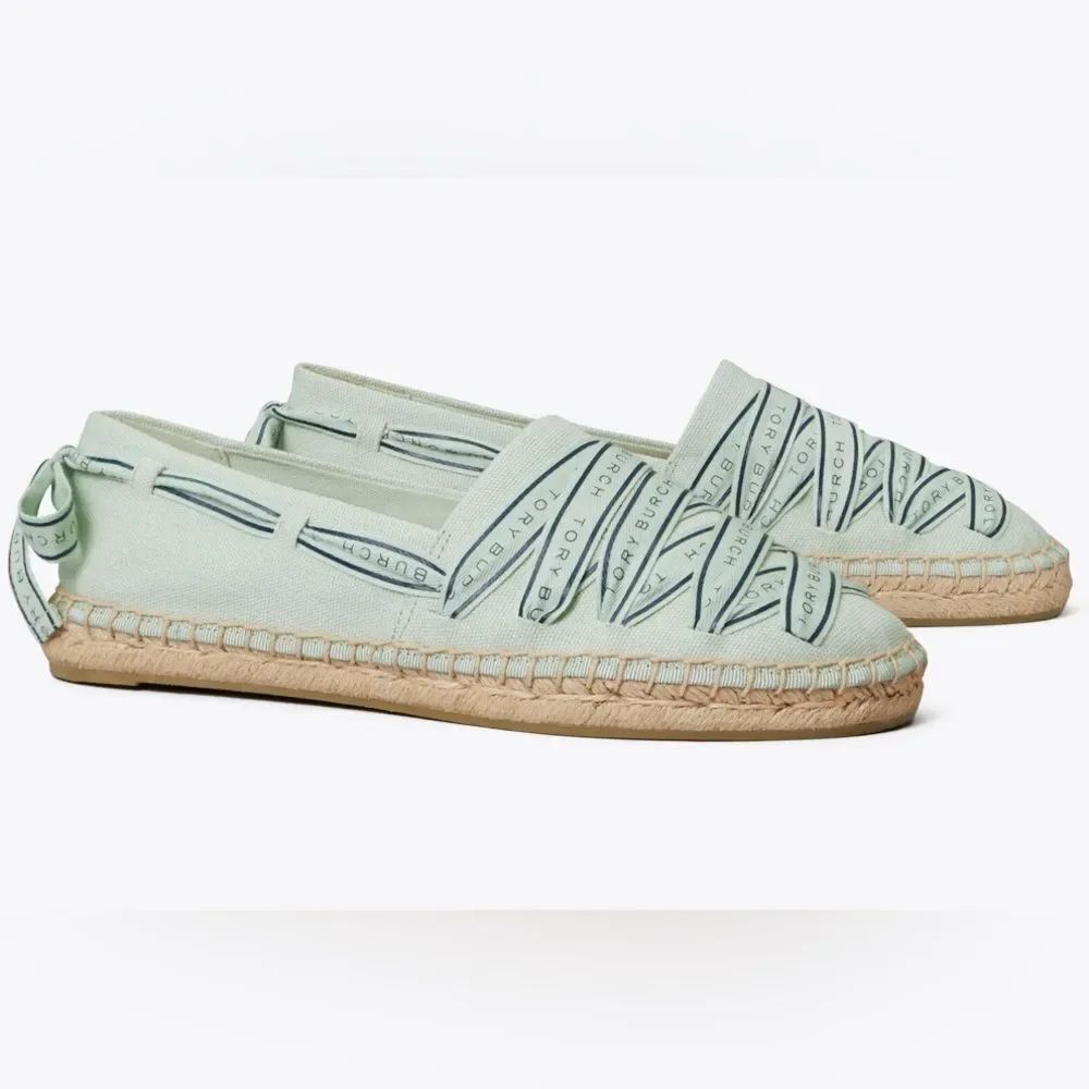 TORY BURCH TBāTory ribbon espadrille flats slip on shoes womenās 8.5 Preowned